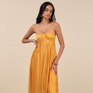 Lulus Whimsical Beauty Golden Yellow Satin Plisse Strapless Maxi Dress - Size XS
